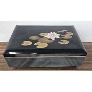 Vtg Otagiri Black Lacquerware Music Jewelry Box "Memory" Lotus Lilly Pad Japan